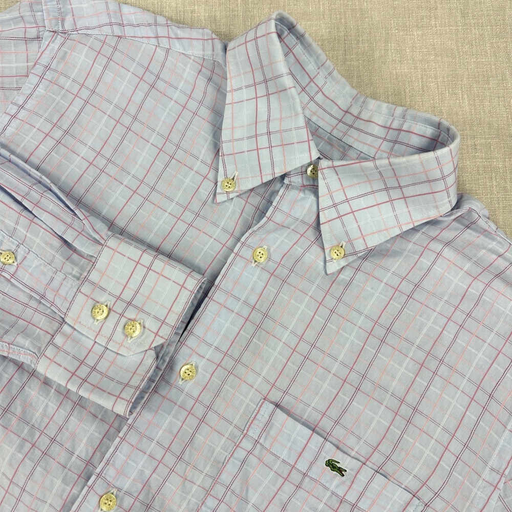 Lacoste Button Down Shirt Mens 40 Blue Pink Plaid Long Sleeve Cotton Preppy Logo